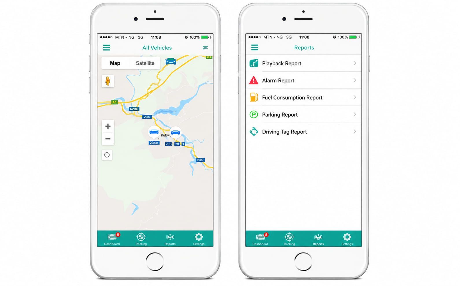 The PrimeTrack mobile app on two phones, showing the live vehicle map and the reports list