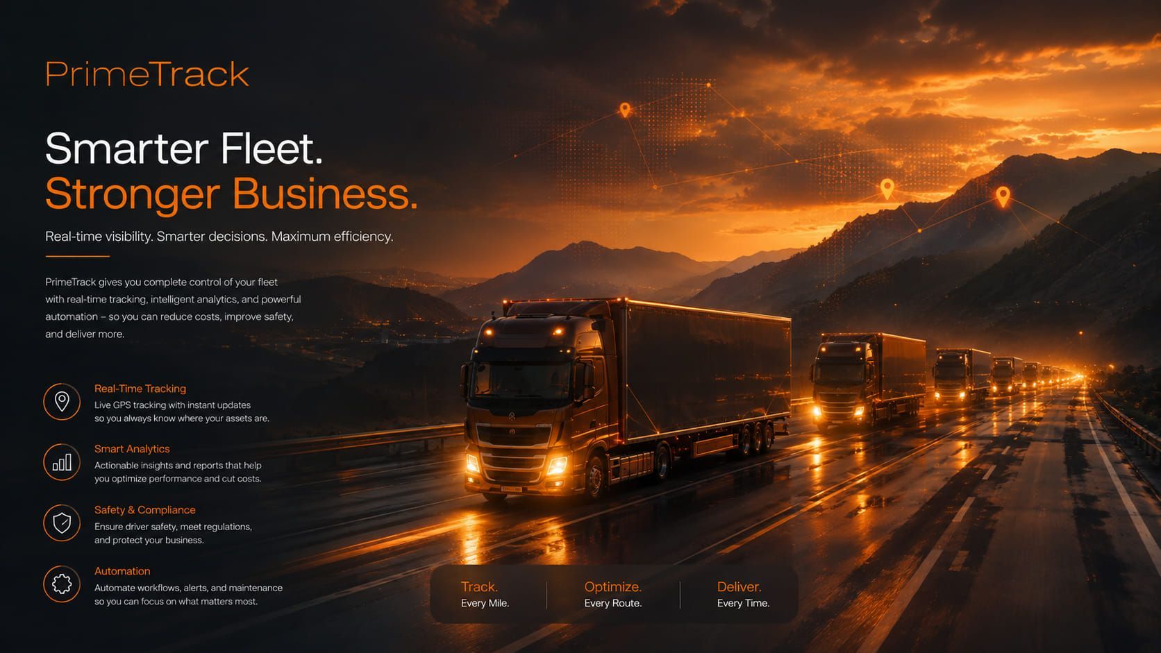 A tracked PrimeTrack fleet on the road, with the tracking, analytics, safety and automation capabilities listed
