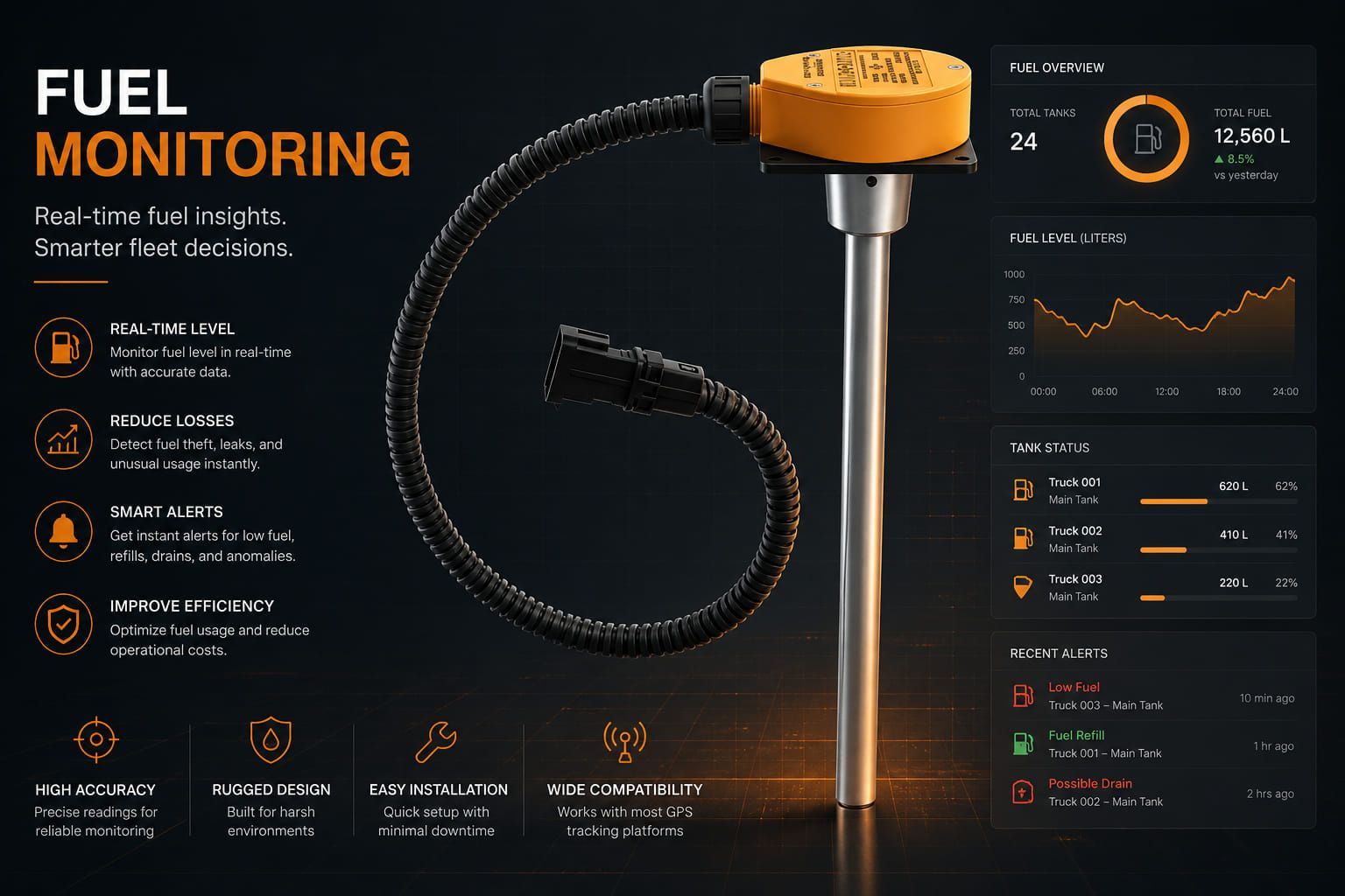 The capacitive fuel level probe used for PrimeTrack fuel monitoring, beside the platform fuel readings