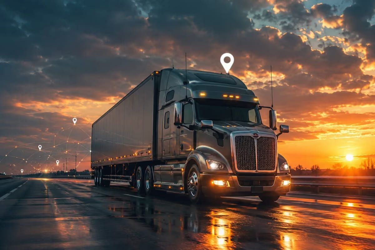 A tracked truck at dusk with location markers above it, representing PrimeSOLAR truck tracking
