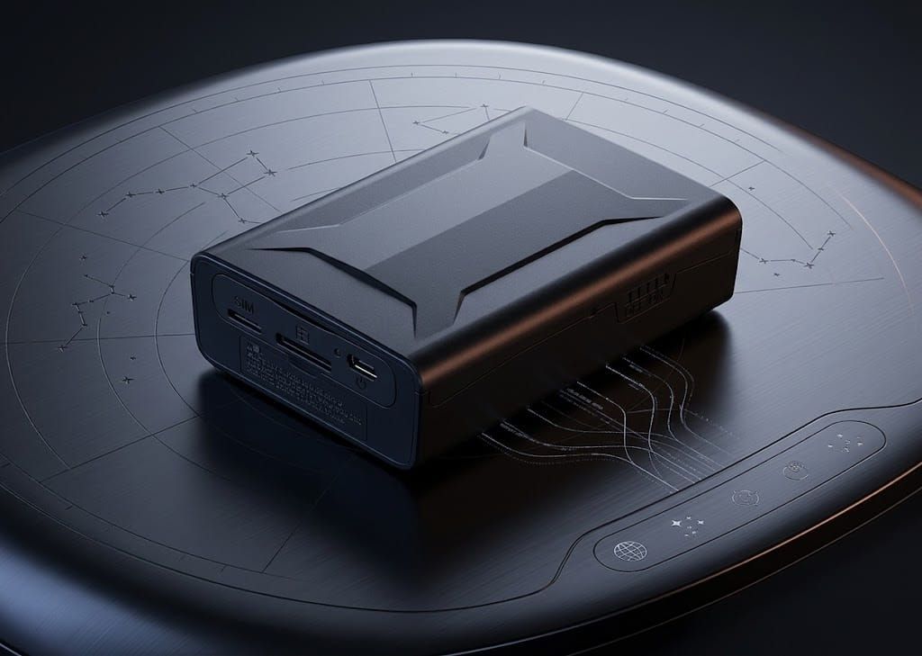 The STAR stand-alone rechargeable cargo tracker, showing its case and charging ports