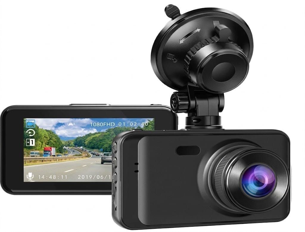 The PrimeTrack video telematics dash camera and DVR unit, with recorded road footage on its screen