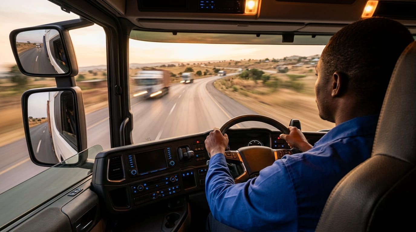 A professional driver at the wheel of a truck on an open road, seen from behind the cab