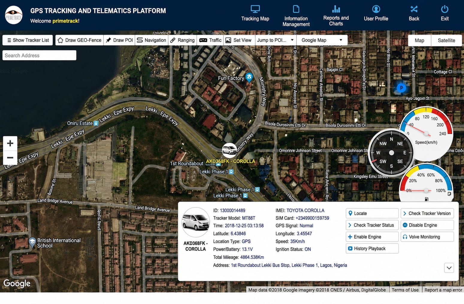 The PrimeTrack tracking platform in use, showing a live map, vehicle details and speed and fuel gauges